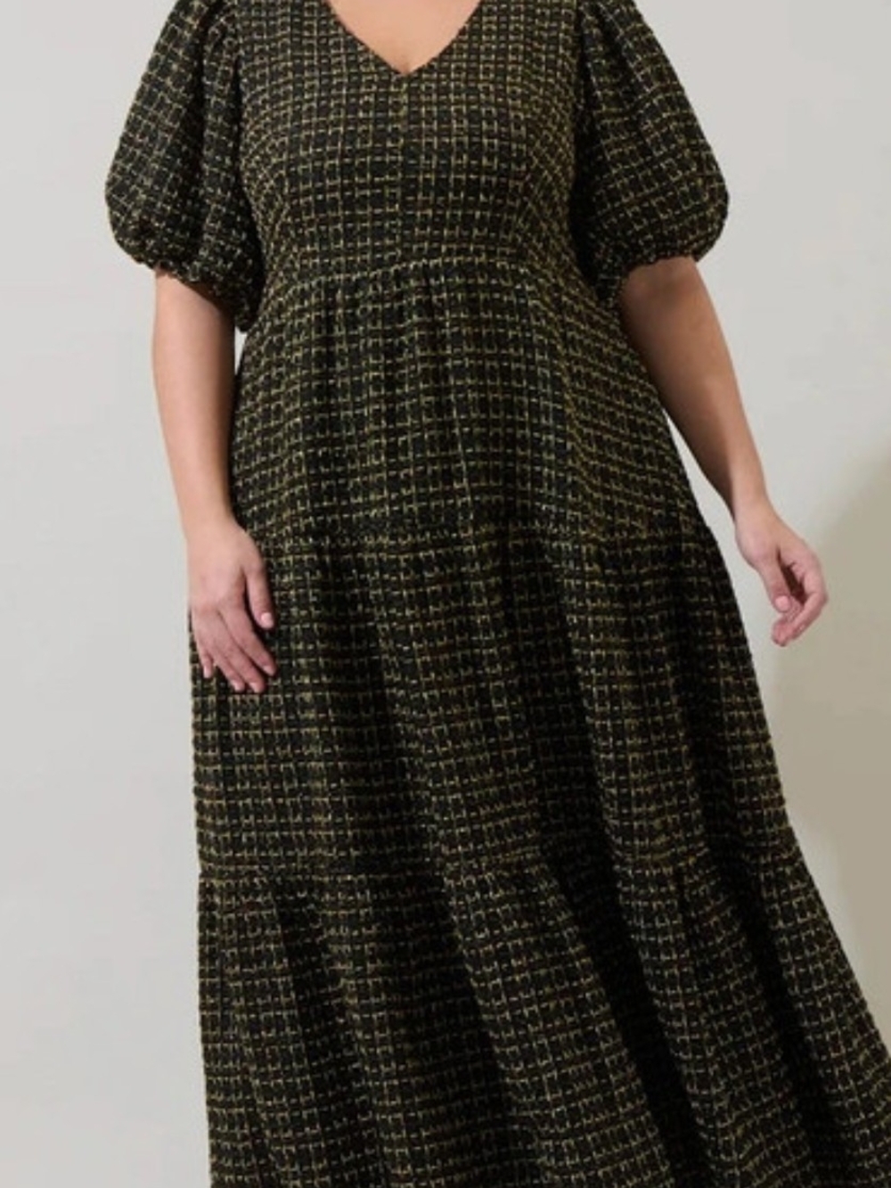 SugarLips Black And Gold Tweed Tiered Maxi Dress